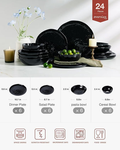 Famiware Porcelain kitchen plates and bowls set, Modern dishes set for 6, Handmade Wave Edge Dinnerware Sets, Microwave and Dishwasher Safe Tableware, Glossy-black (24pc)