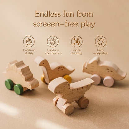 Wooden Dinosaur Cars Montessori Toys for Babies Baby Push Car Toys Wooden Toy Vehicles Development and Infant Grasping Montessori Toys(3PCS)