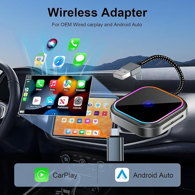 2-in-1 Wireless CarPlay Adapter, for Android Auto to CarPlay Converter Plug-and-Play Supports Original Car Controls with USB-A and USB-C Connectors