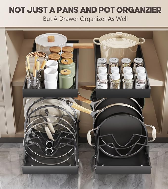 Lozovin Pull Out Pots and Pans Organizer Under Cabinet, Sliding Lid Holder and