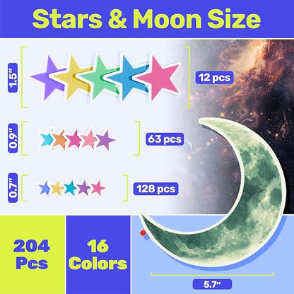 Glow in The Dark Stars and Moon for Ceiling, Luminous Star and Moon Wall Decals, Wall Decor, Sticky Fluorescence Ceiling Stars, Gift for boy and Girl,Kids Nursery Bedroom Living Room(Mixed Colors)