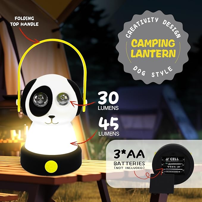 Outdoor Kids Camping Lanterns & Headlamp Set, Battery Powered Night Light, Lightweight LED Equipment, Birthday Christmas Gift (Dog Set)