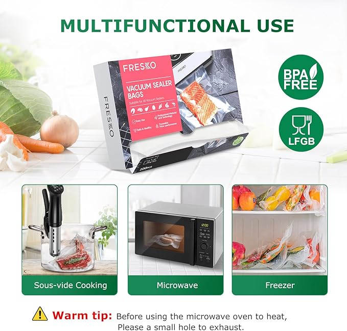 FRESKO Vacuum Sealer Bags Pint Size 100 Pack 6"x10", Seal a Meal Vac Sealers, Sous Vide Vacuum Safe, BPA Free, Heavy Duty Commercial Grade, Precut Storage Bag Universal Design