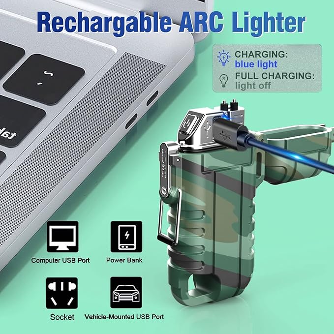 Waterproof Electric Lighter with 360°Flexible Long Neck, Outdoor Windproof Arc Lighter USB Rechargeable Flameless Plasma Cool Lighters for Outdoor & Kitchen(Camo)