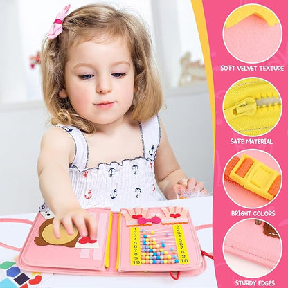 Toddler Busy Board, Montessori Sensory Toys for Boys, 1-4 Year Old Girl Toddler Travel Toys, Educational Learning Activities Board for Motor Skills, Birthday Gifts for Airplane Car, Pink