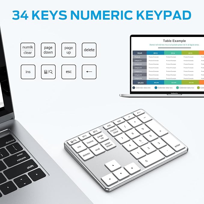 iClever KP10 Bluetooth Number Pad, Dual Device Connection, 34 Keys Ultra-Slim