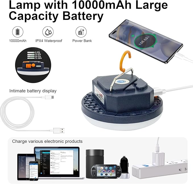 7800mAh 3000LM Flashlight Portable LED Camping Lantern Rechargeable Light 30W with Magnet , IPX5 Waterproof Tent Lights Power Failure Emergency