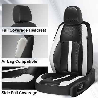 Coverado Leather Car Seat Covers Full Set & Carbon Fiber, Waterproof and Durable All Weather Protector, Universal Fit for SUV, Pickup Truck, Sedan, Automotive Vehicle Interior, Black&White