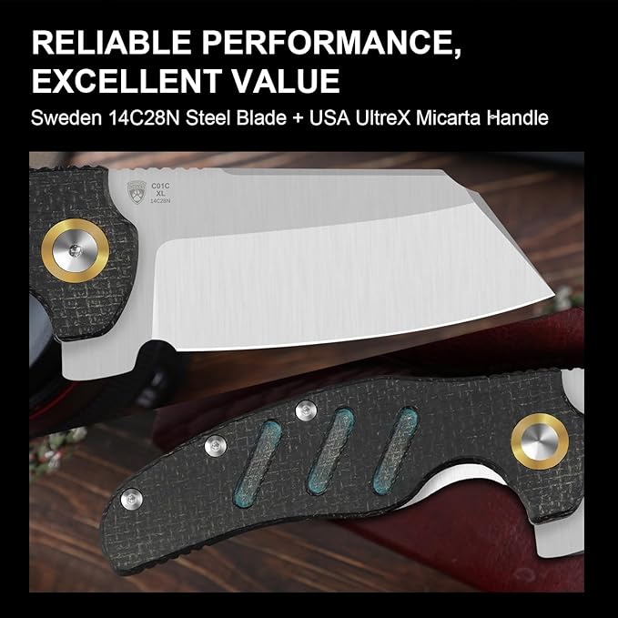 Kizer C01C XL Sheepdog Pocket Knife, 3.9" 14C28N Sheepsfoot Blade EDC Folding Knife with Black Burlap Norplex UltreX??Micarta Handle, Liner Lock, Flipper, Camping Knives for Men Women, V5488M2