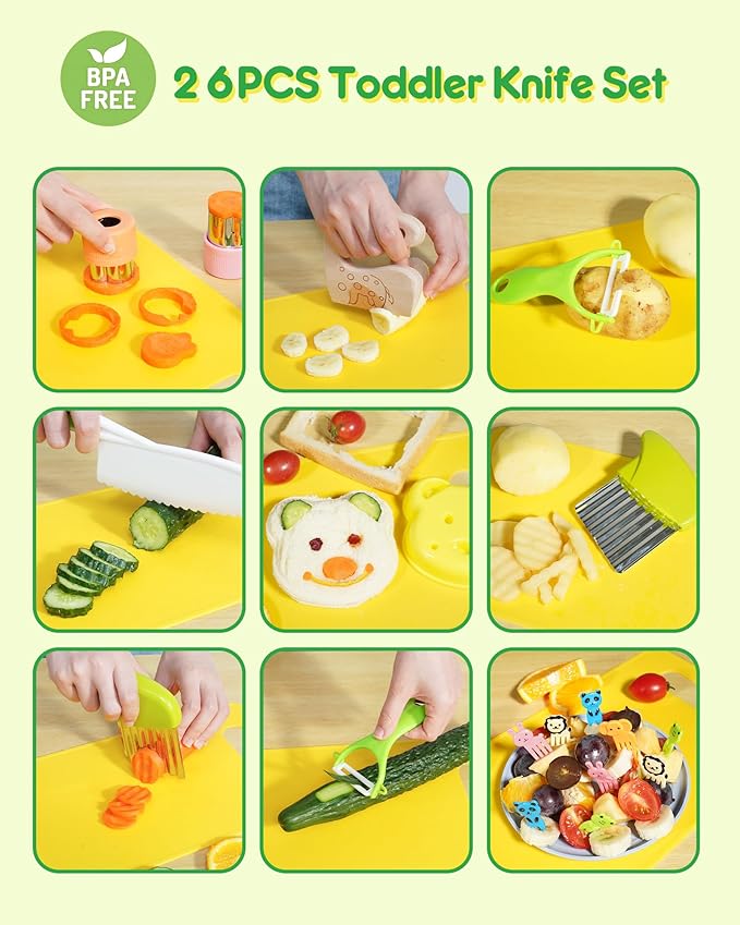 26 Pcs Kids Knife Set, Montessori Kitchen Tools for Toddlers' Real Cooking, BPA Free Knife Set Includes Crinkle Cutters Kid Safe Knives Cutting Board Peeler, Kitchen Tools for 4+ Year Old Girl Boy