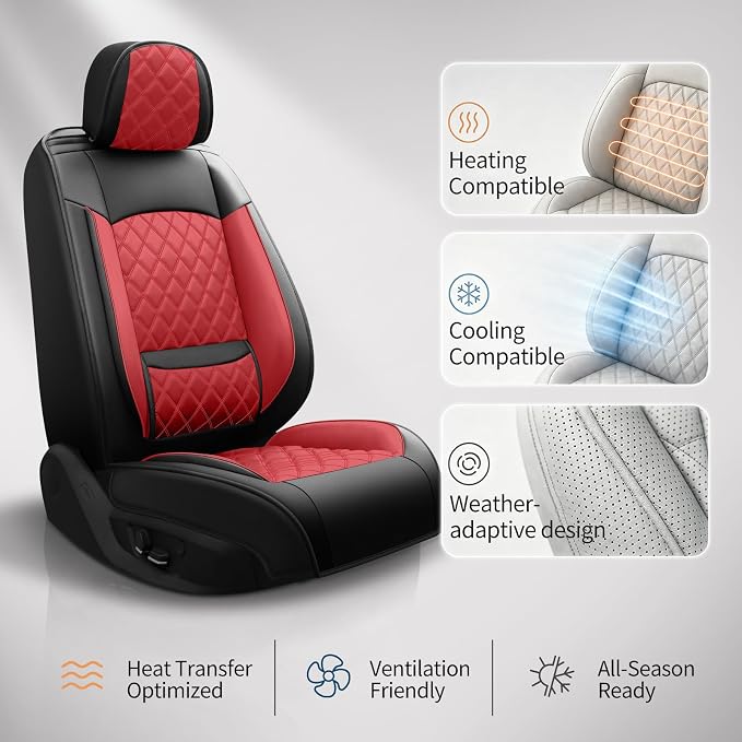Car Seat Covers Compatible with Hyundai Elantra 2017-2025 2026 - Full Set 5 Seats Luxury Leather All-Weather Seat Cushions & Protectors, Waterproof & Breathable, Airbag Compatible (Red)