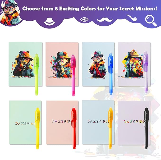 32Pcs Invisible Ink Pen with UV Light, Mini Notepads & Favor Bags, Spy Pens, Top Secret Message Magic Marker, Party Favors for Kids 8-12, Class Prizes, Detective & Escape Room Themes