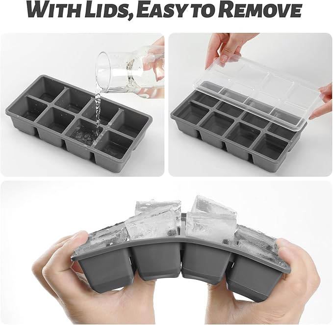 Large Ice Cube Trays with Lid, Jrisbo 2 Pack Stackable Silicone Ice Cube Molds