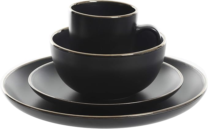 Gibson Home Rockaway Round Stoneware Dinnerware Set, Service for 4 (16pcs), Black/Gold Rim