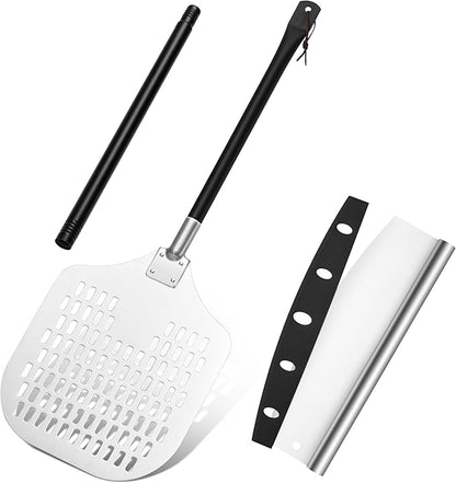 Aluminum Pizza Peel Spatula Set, HaSteeL 12 Inch Pizza Paddle Shovel, 14 Inch Metal Pizza Cutter Rocker, Pizza Oven Accessories Tools for Cooking Baking Turning Cutting, Detachable Handle, Perforated