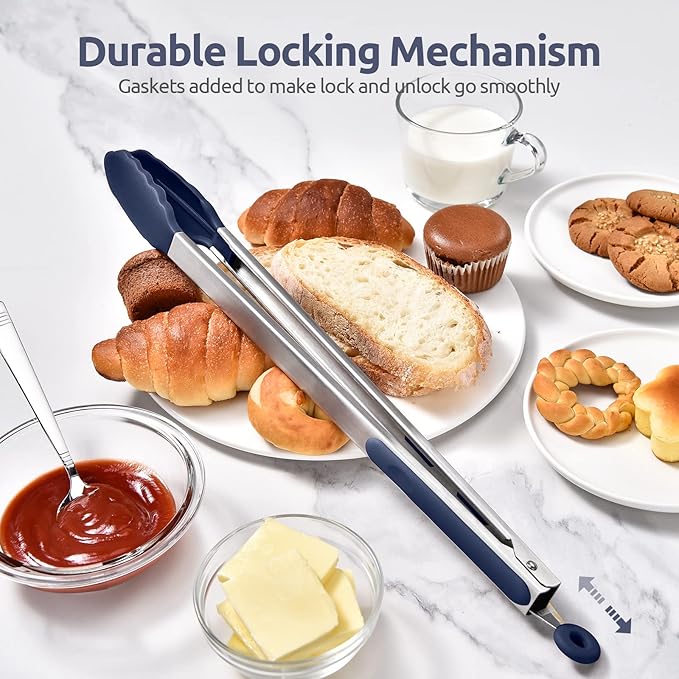 600ºF Heat Resistant Kitchen Tongs: U-Taste 16 in Extra Long Large Silicone Cooking Tong with Non Stick Rubber Tips & Non Slip Silicon Coated 18/8 Stainless Steel Handle for Grill BBQ (Midnight Blue)
