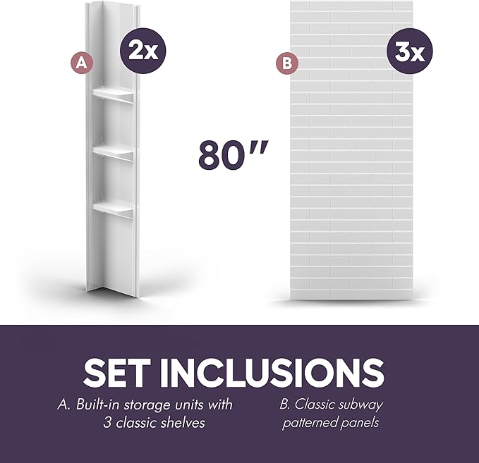 White Acrylic Shower Wall Surround 36"x 60"x 80"