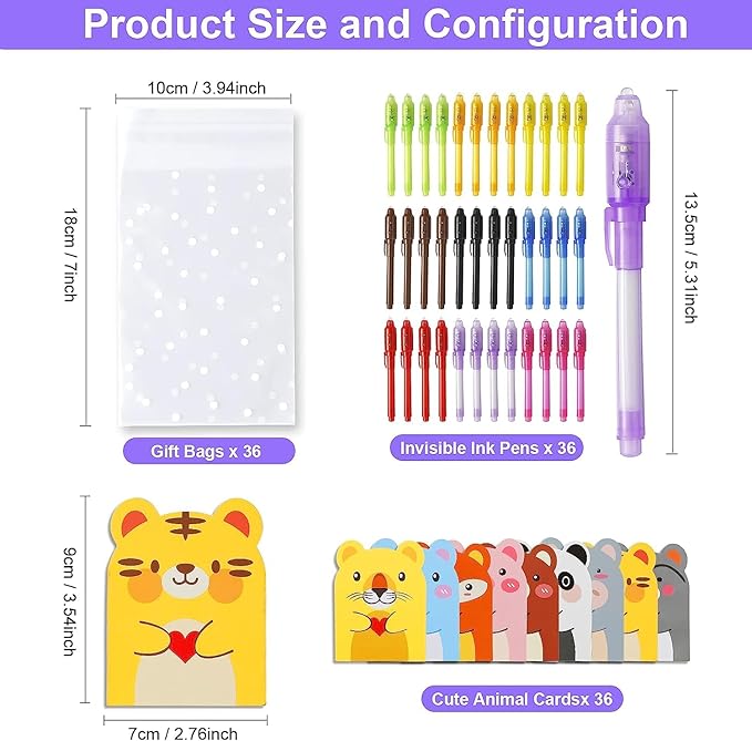 36PCS Invisible Ink Pens with UV Light, Spy Pens with Animal Cards & Goodie Bags, Party Favors for Kids 8-12, Classroom Prizes, Stocking Stuffers