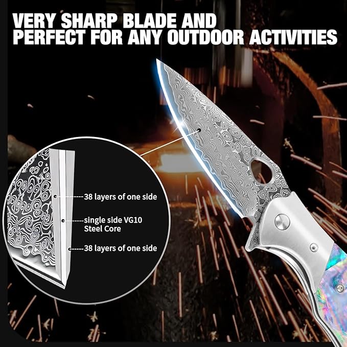 Cottonbell Damascus Pocket Knife Unique Rainbow Abalone Shell Handle Damascus Folding Knife, with Sharp VG10 Core Damascus Steel Knife for Outdoor Camping Fishing Hiking Hunting Gift