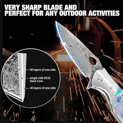 Cottonbell Damascus Pocket Knife Unique Rainbow Abalone Shell Handle Damascus Folding Knife, with Sharp VG10 Core Damascus Steel Knife for Outdoor Camping Fishing Hiking Hunting Gift