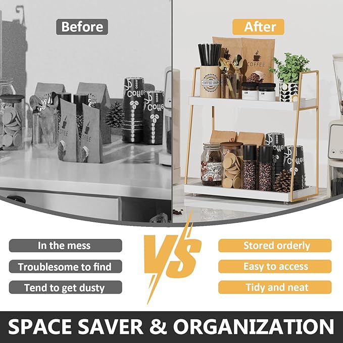 Coffee Bar Organizer for Countertop, 2 Tier Wooden Shelf for Coffeebar