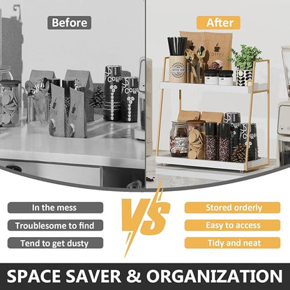 Coffee Bar Organizer for Countertop, 2 Tier Wooden Shelf for Coffeebar
