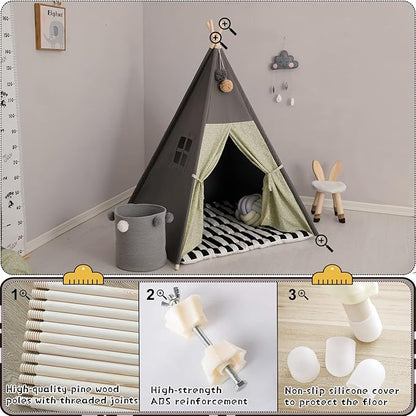 Teepee Tent for Kids Stripe Padded Mat Foldable Dark Tone Grey Play Tents for Girl and Boy with Carry Case Wooden Pole Printing Canvas Tepee Playhouse for Child Indoor Outdoor
