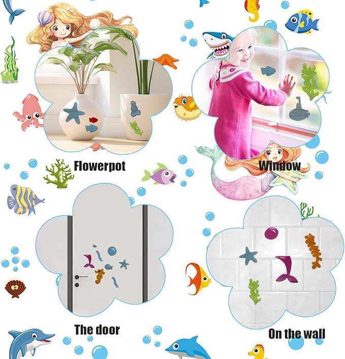 7 Pack Summer Window Gel Clings, Reusable TPR Jelly Stickers for Glass Windows, No-Residue Peel & Stick Decorations - Bright Ocean Themes for Room, Office, Home, Car, Bathroom Decor