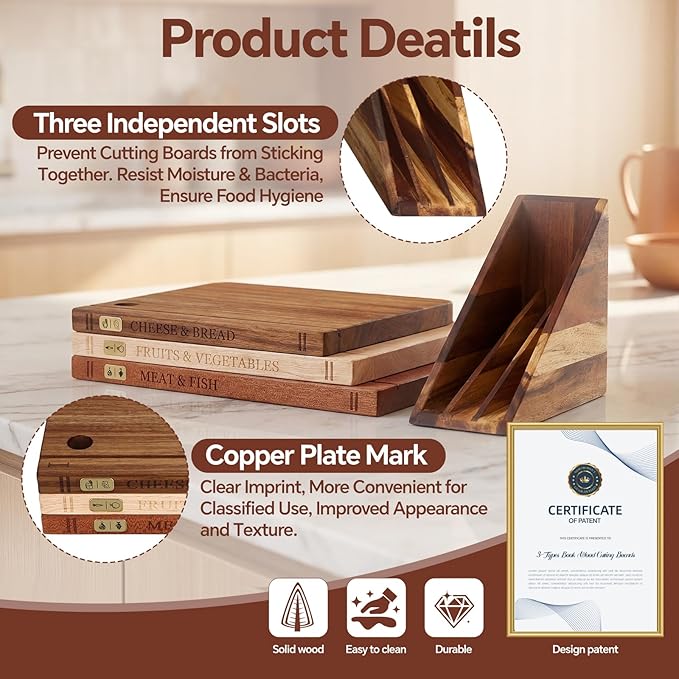 Book Cutting Board Set with Separated Stand, 3 Piece Wood Cutting Boards That