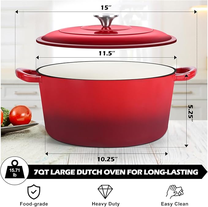 TeamFar Enameled Cast Iron Dutch Oven, 7qt Dutch Oven Pot Nonstick Cookware