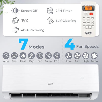 COSTWAY 12000 BTU Mini Split Air Conditioner & Heater, 208-230V WiFi Enabled 24