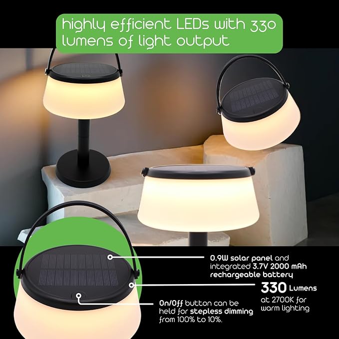 2-in-1 Portable Solar Power LED Table Lamp & Lantern - Indoor/Outdoor - Stepless Dimming - Rechargeable Battery - 330 lumens, 2700K - IP44 Weather Resistant - Black - 1 Pack