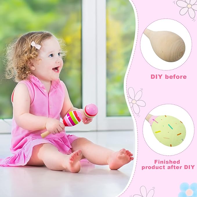 Leitee 6 Pcs DIY Wood Maracas Unfinished Hand Painted Maracas Party Favor Wooden Rumba Shakers Hand Percussion Rattles Musical Instruments with Clear Sound for Kid Adult(Log Color)