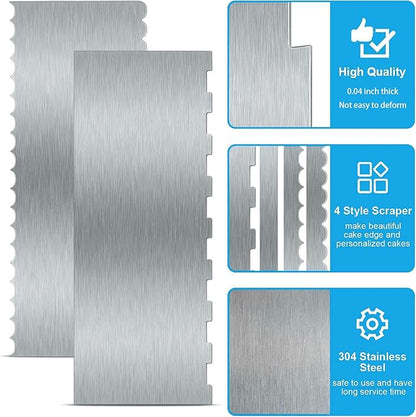 2 Pieces 8.7 Inche Stainless Steel Cake Scraper Double Sided Patterned Edge