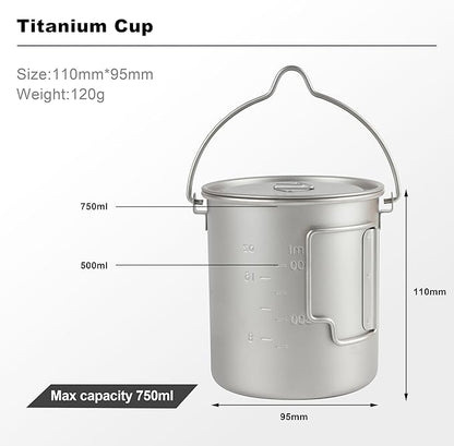 Titanium 750ml Pot with Titanium Spork, Ourdoor Solo Camping Mug, Hanging Cup Spork Kits