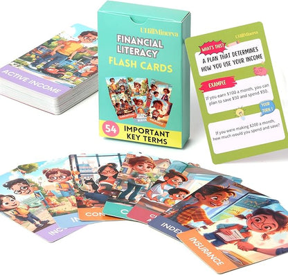 Financial Literacy Flash Cards - Great for Teaching Kids Through Middle School - 54 Educational Money & Learning Resources - Teach Cashflow, Stock, Debit, Saving & Budgeting