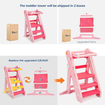 Onasti Toddler Tower Kitchen Stool Helper, Foldable & Adjustable Height Kids Learning Stool for Kitchen Counter Bathroom Sink, Child Ladder for Toddlers with Handles, Safty Rail, Non-Slip Pads - Pink