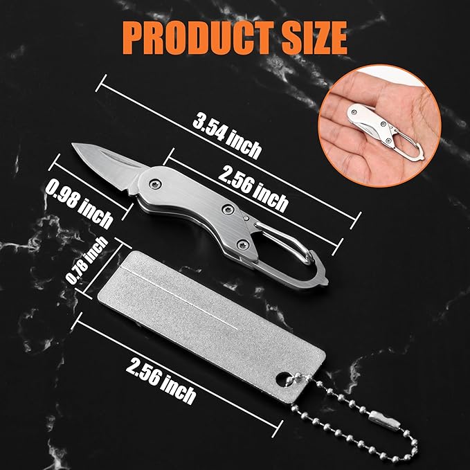 Stainless steel mini folding knife, portable key chain knife and small portable grindstone and outdoor fishing hook grinding tool, suitable for camping, hiking and outdoor.