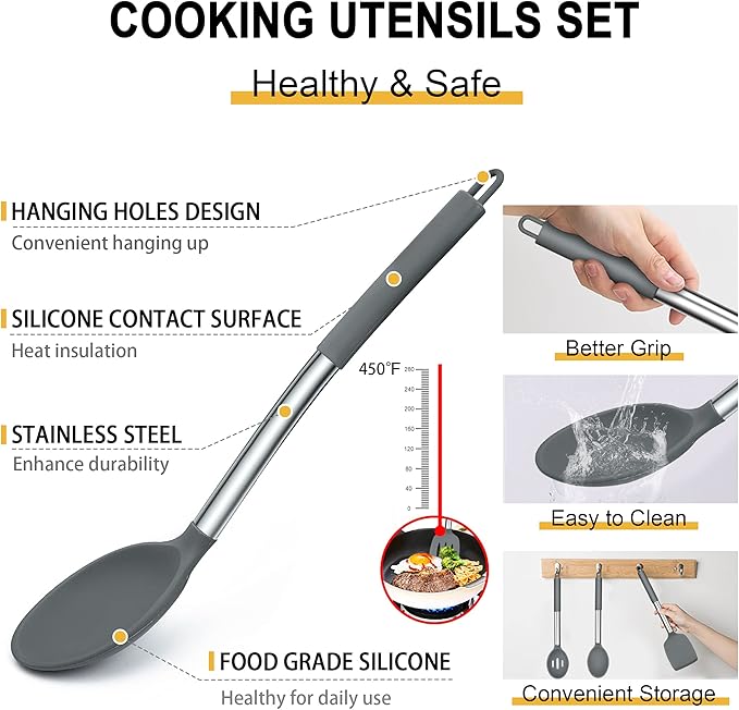 Silicone Cooking Utensils Set, E-far 14-Piece Gray Kitchen Utensils Set
