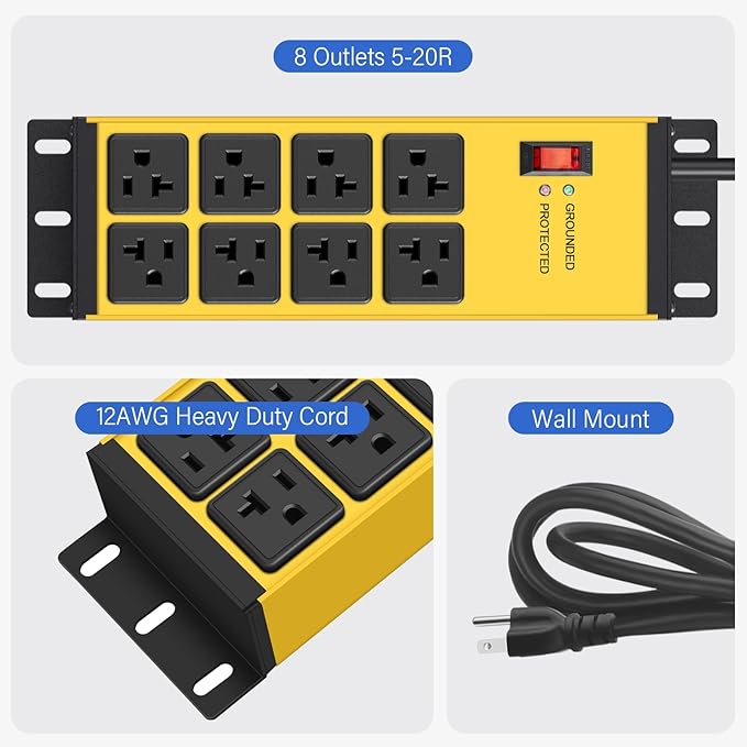 CCCEI 2PCS Heavy Duty Power Strip Surge Protector 20 AMP, 8 Outlets 12 Gauge