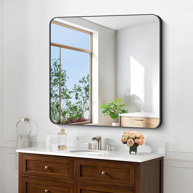Black Bathroom Mirrors for Wall, Rounded Corner Metal Frame Wall Mirror