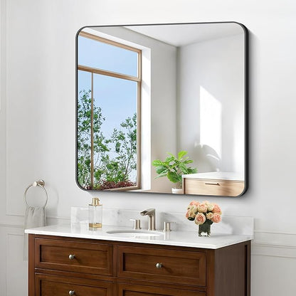Black Bathroom Mirrors for Wall, Rounded Corner Metal Frame Wall Mirror