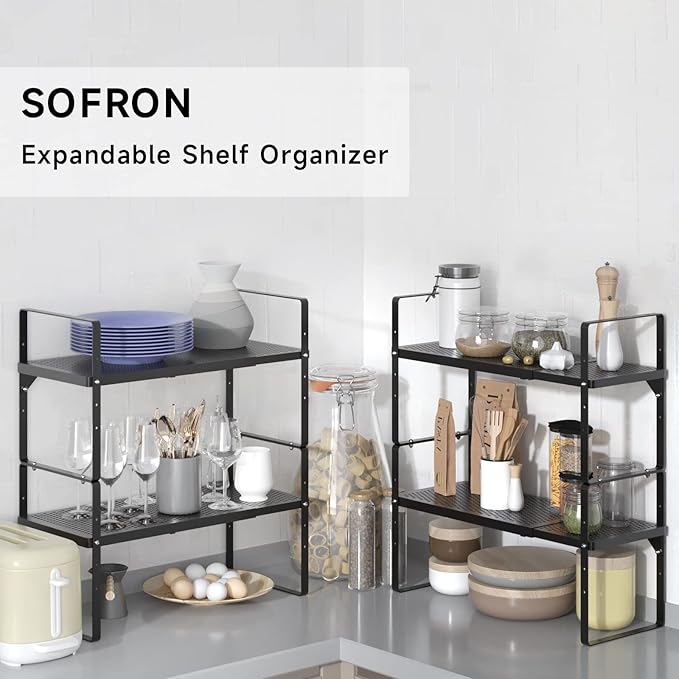 Expandable Cabinet Storage Shelf Stackable Organizer Rack for Kitchen Bathroom Pantry Spice Cupboard Coffee Countertop Home Office Desk Heavy Duty Nonslip Black Large 3 Packs