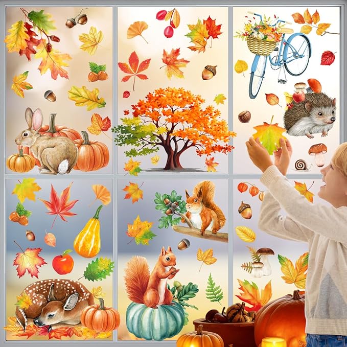 Fall Window Clings 9 Sheets Large-Size Window Clings for Glass Windo Decoration Autumn Leaves Animals Woodland Thanksgiving Decor Home Bedroom Nursery Room Windo Decals