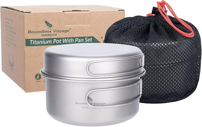 iBasingo Backpacking Cookset Titanium Camping Pots Set Ultralight Outdoor Picnic Pots Pans with Folding Handle Druable Portable Cooking Mess Kit Compact Picnic Dishes Bowls Cups (Multiple Sizes)