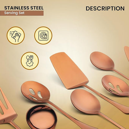 Avador® Premium Set of 8 Stainless Steel Hostess Serving Utensil Tool Set for Weddings | Buffer | Party | Kitchen | Restaurants (Rose Gold Plated)