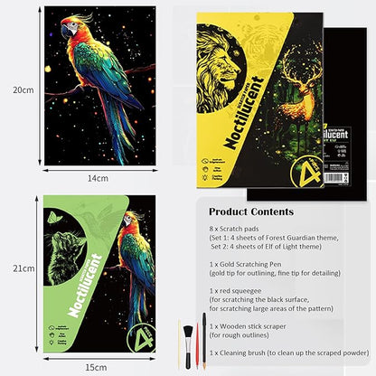 Scratchboard Art for Adult Luminous Scratch Painting Kits, A5 Scratch Art Rainbow Painting Paper 8 Sheet with 4 Tools, Scratchboard for Teens & Adults, Fun Creative Craft Toy/Gifts/Decor, Animals