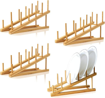4 PCS Wooden Dish Drying Rack Bamboo Plate Dish Rack Stand Kitchen Cabinet