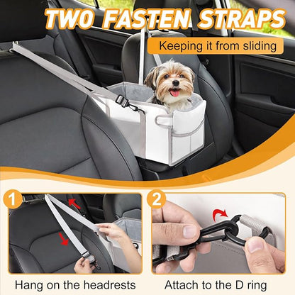 Portable Dog Car Seat for Small Dogs - Pet Booster Seat with Safety Leash, Adjustable Straps, Washable Cushion & Storage Pocket - Center Console Puppy Car Seat for Travel - Beige