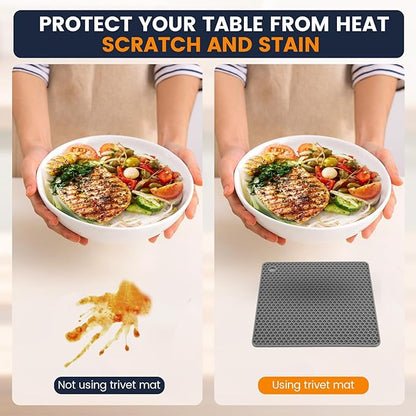 Silicone Trivet Mats 4 Heat Resistant Pot Holders Multipurpose Non-Slip Hot Pads for Kitchen Potholders, Drying mat, Jar Opener, Spoon Holder, Coaster.(Grey)